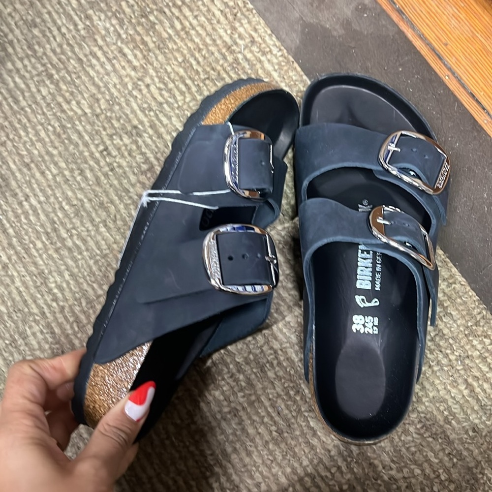 Birkenstock Black Sandals with Silver Buckles - Picture 2 of 4